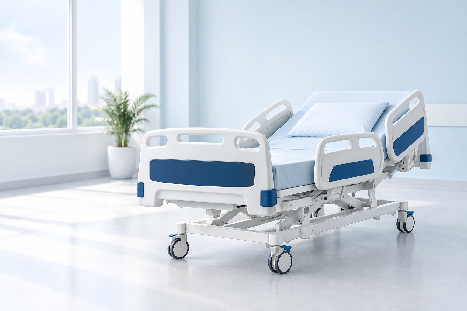 Powered hospital bed in a bright modern care room