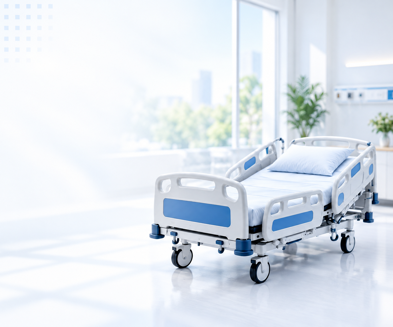 Powered care bed in a bright healthcare room