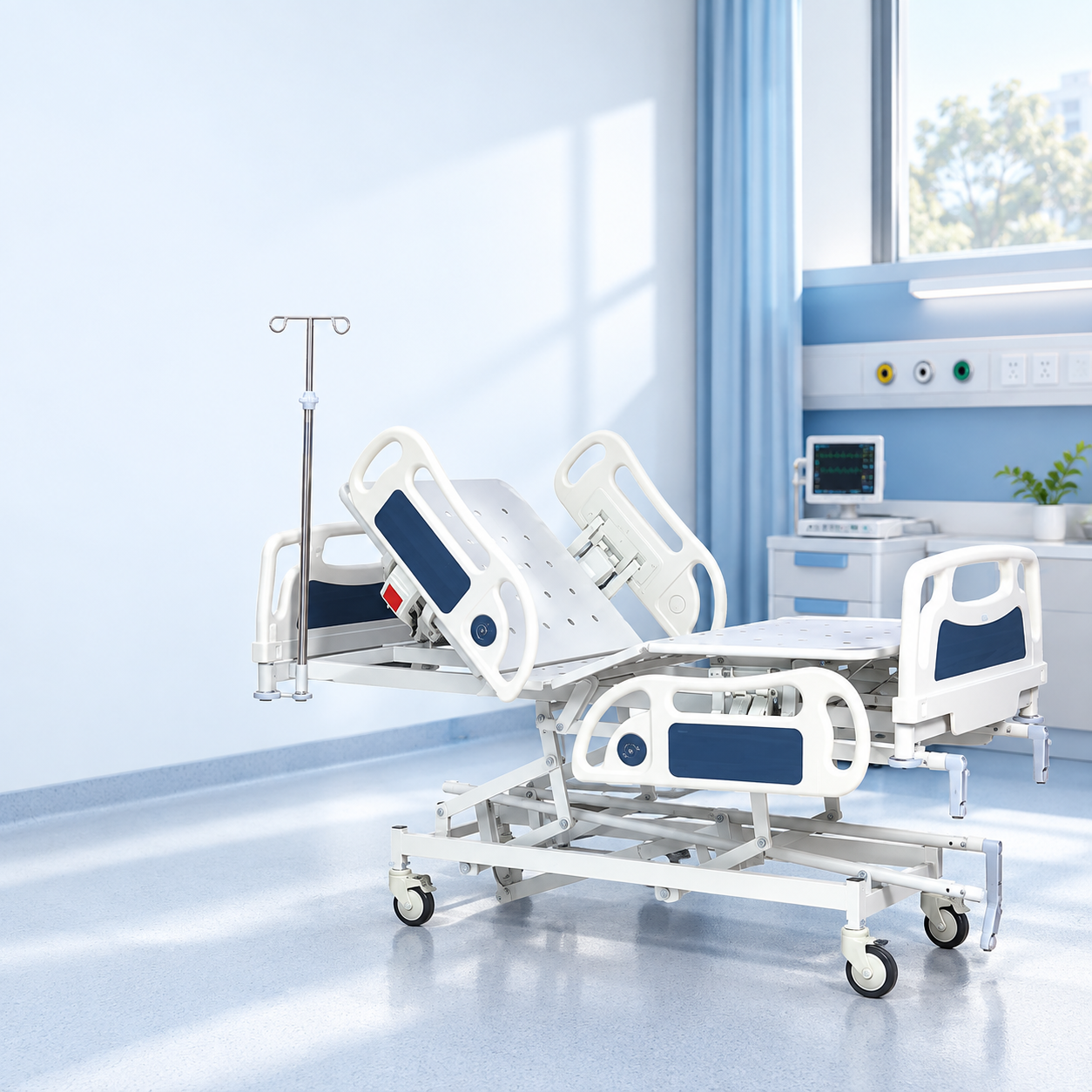 Manual hospital bed with adjustable patient positions in a modern care room